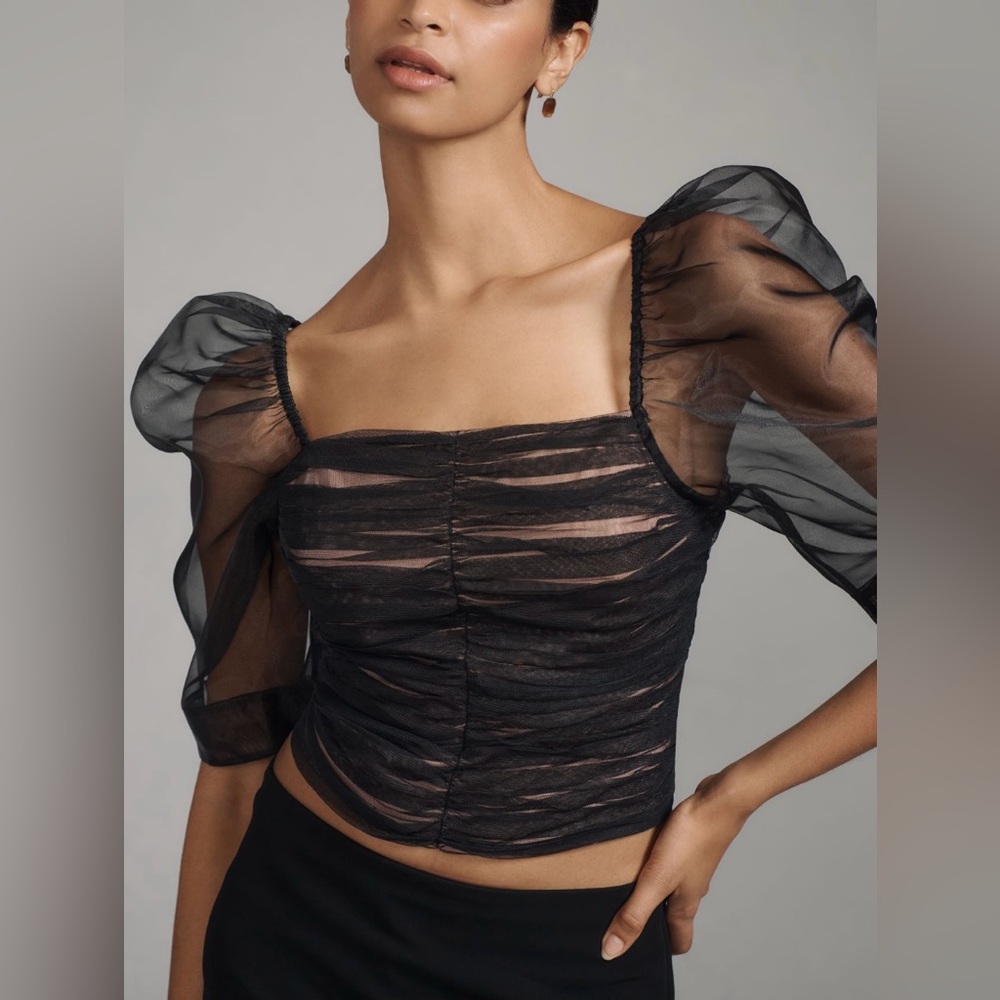 Anthropologie Maeve Puff Sleeve Tulle Top